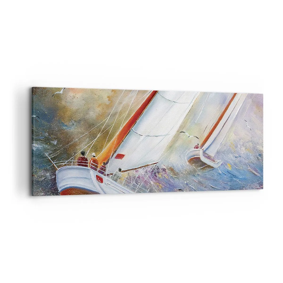 Bild auf Leinwand - Leinwandbild - Segelboote auf rauen Wellen in einer dynamischen Komposition - 120x50cm - Durch die Wellen laufend - Moderne Wanddekoration für Wohnzimmer und Schlafzimmer ARTTOR