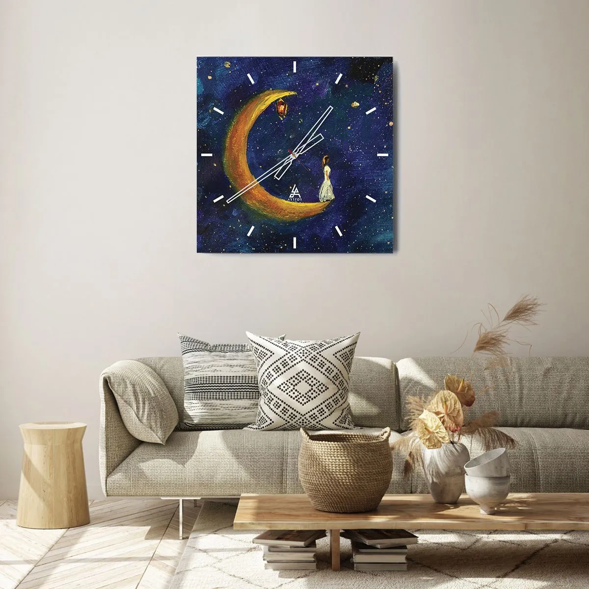 Wanduhr - Glasuhr - Ein Mädchen steht auf dem Mond in einem Sternenhimmel - 30x30cm - Der Ruf der Welt - Moderne Wanddekoration für Wohnzimmer und Schlafzimmer ARTTOR