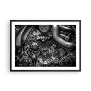 Poster in einem schwarzem Rahmen - Schwarz-Weiß-Nahaufnahme der mechanischen Details eines Automotors. - 70x50cm - Die Poesie der Mechanik - Moderne Wanddekoration für Wohnzimmer und Schlafzimmer ARTTOR
