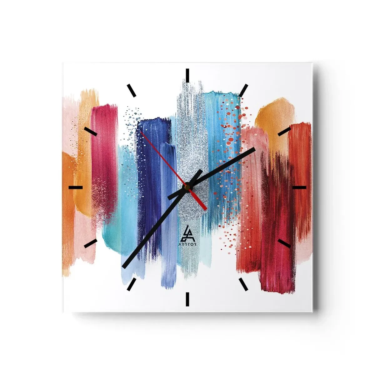 Wanduhr - Glasuhr - Bunte Pinselstriche auf weißem Hintergrund - 30x30cm - Auf und ab - Moderne Wanddekoration für Wohnzimmer und Schlafzimmer ARTTOR