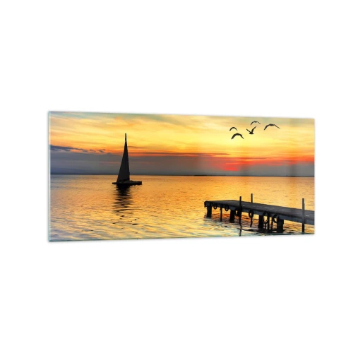Glasbild - Bild auf glas - Sonnenuntergang mit einem Segelboot und Pier auf einem ruhigen See - 120x50cm - Abendrückkehr - Moderne Wanddekoration für Wohnzimmer und Schlafzimmer ARTTOR
