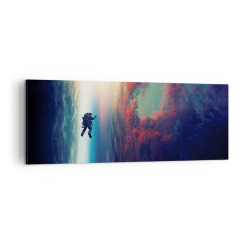 Bild auf Leinwand - Leinwandbild - Ein Astronaut schwebt im Weltraum über einer bunten Erde - 140x50cm - Sich dem Universum stellen - Moderne Wanddekoration für Wohnzimmer und Schlafzimmer ARTTOR