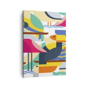 Bild auf Leinwand - Leinwandbild - Bunte Vögel in einer abstrakten, geometrischen Komposition - 50x70cm - Vogelparty - Moderne Wanddekoration für Wohnzimmer und Schlafzimmer ARTTOR