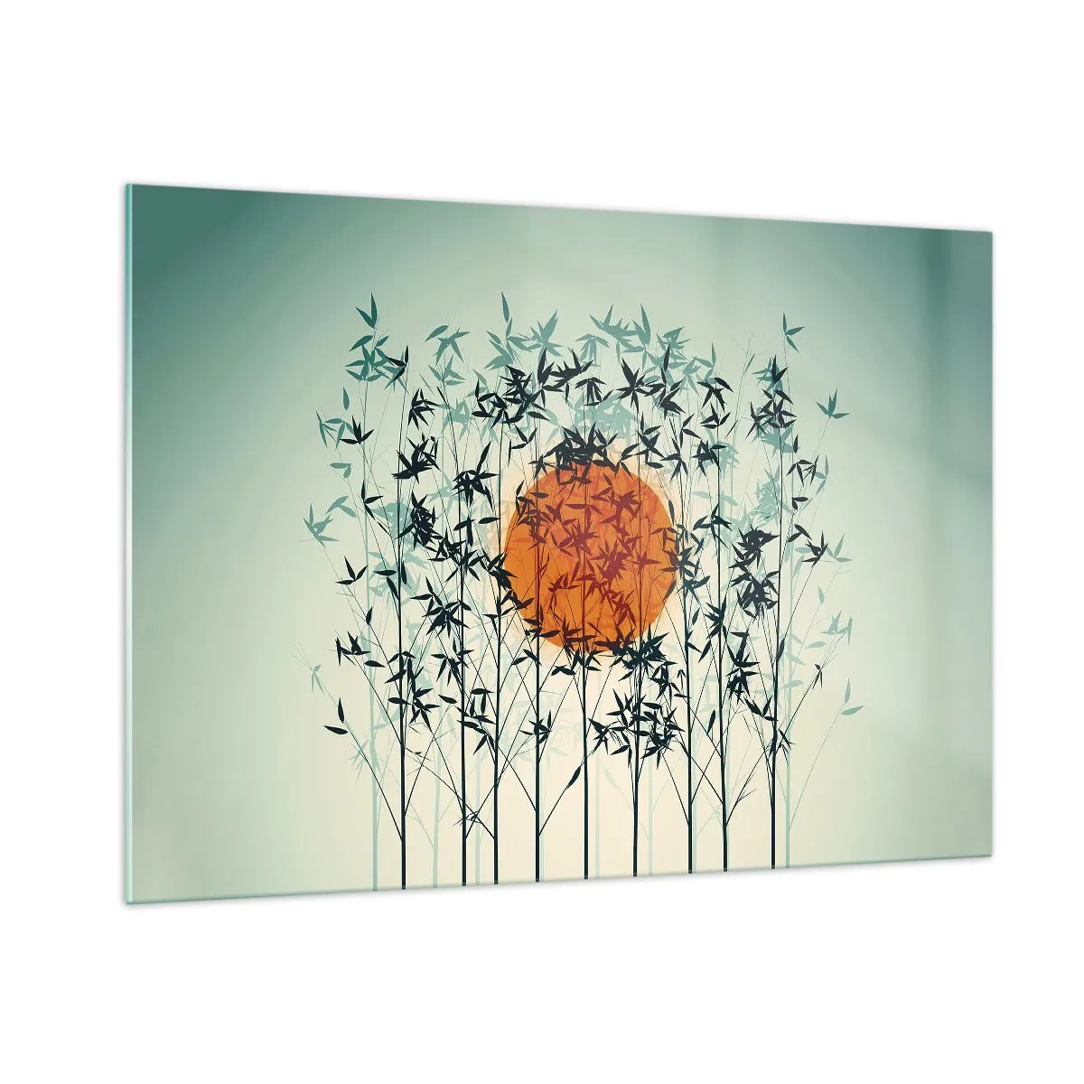 Glasbild - Bild auf glas - Rote Sonne zwischen zarten Bambusblättern - 100x70cm - Japanische Sonne - Moderne Wanddekoration für Wohnzimmer und Schlafzimmer ARTTOR