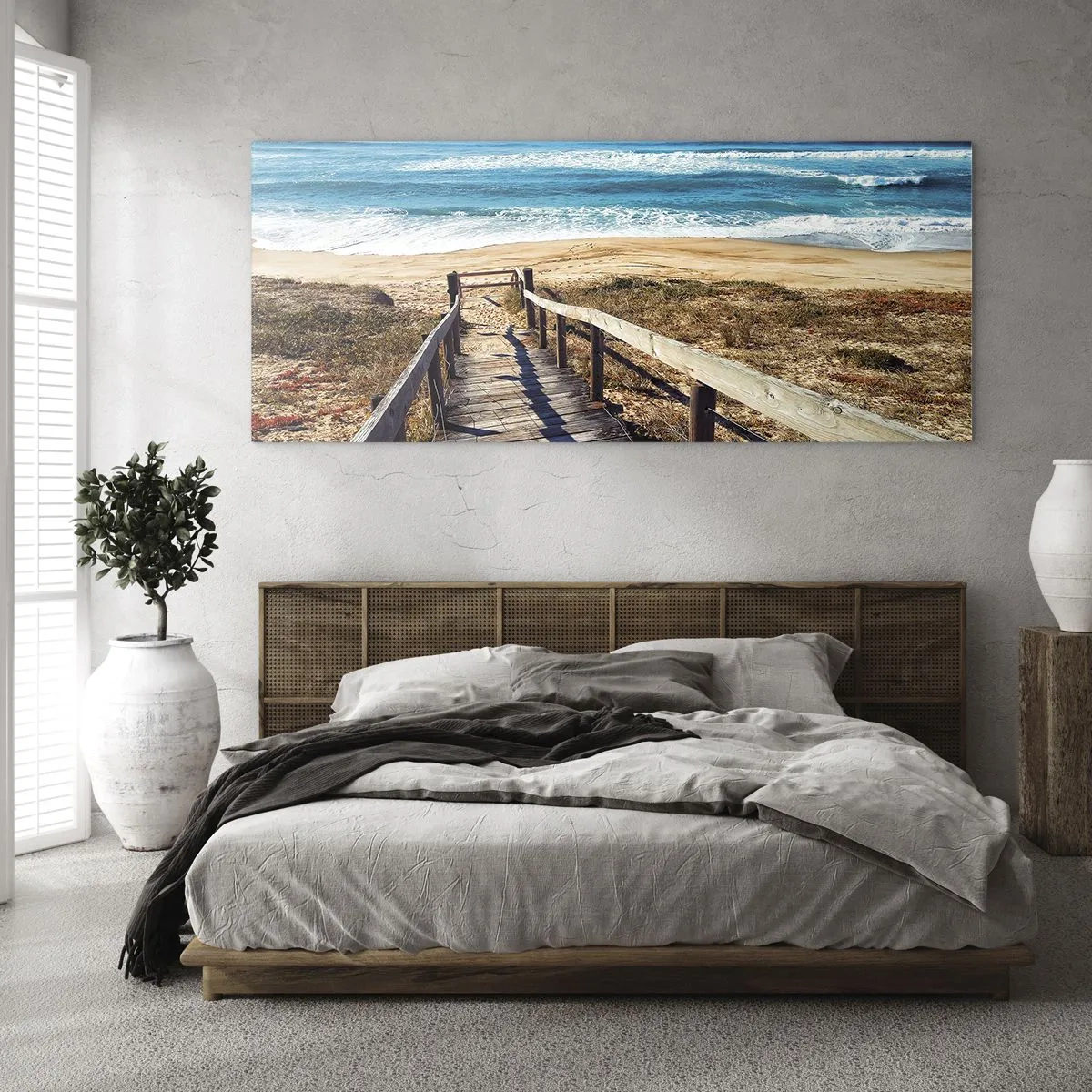 Glasbild - Bild auf glas - Holzweg zum Strand - 160x50cm - Lauf! - Moderne Wanddekoration für Wohnzimmer und Schlafzimmer ARTTOR