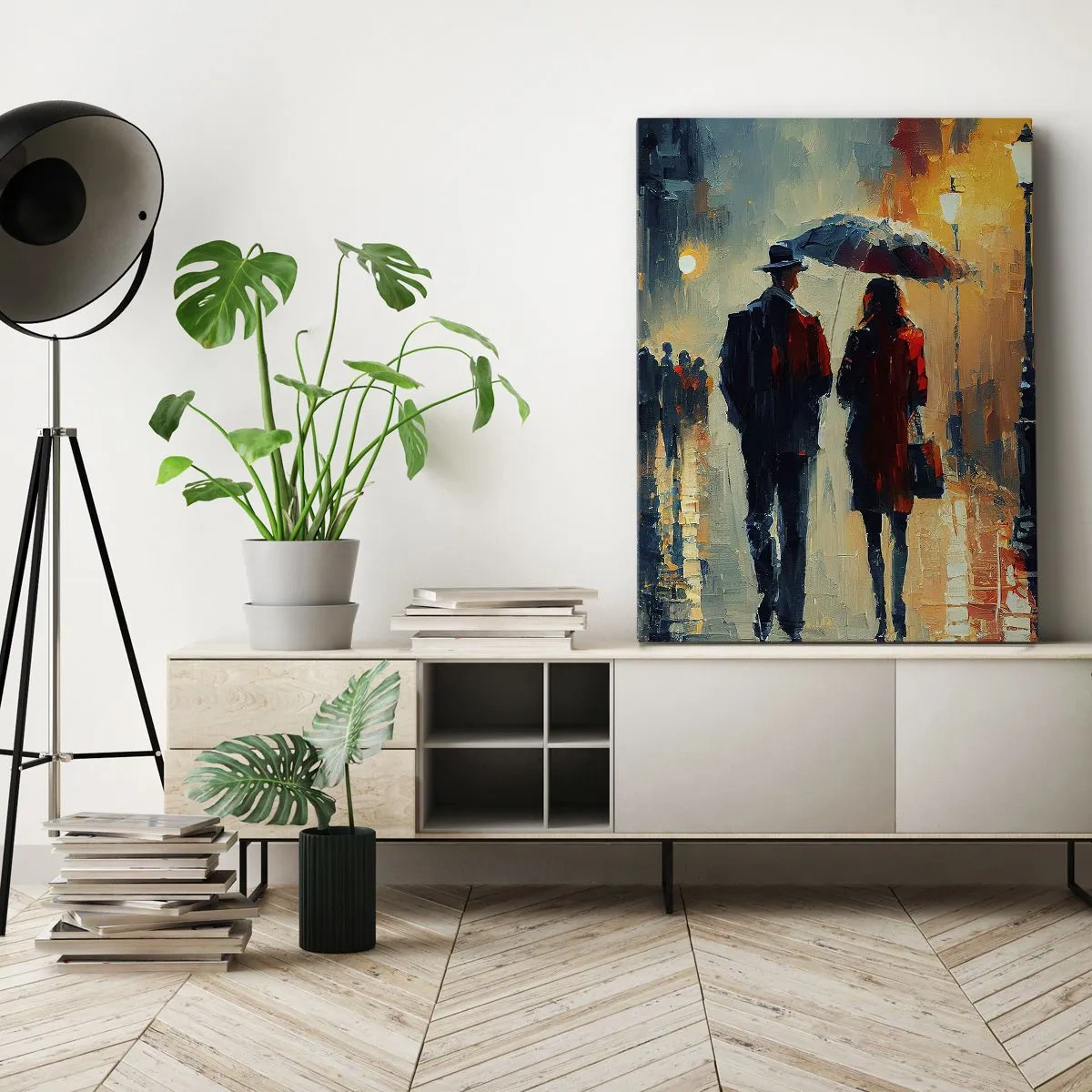 Bild auf Leinwand - Leinwandbild - Nachts im Regen unter einem Regenschirm in der Stadt spazieren gehen - 70x100cm - Urbane Liebesgeschichte - Moderne Wanddekoration für Wohnzimmer und Schlafzimmer ARTTOR