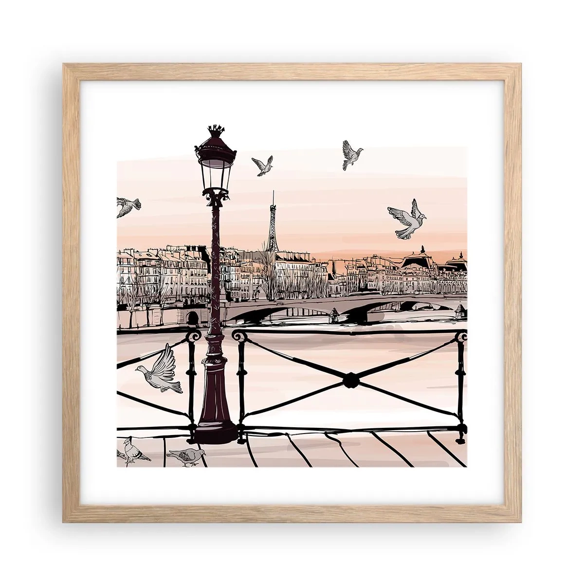 Poster in einem Rahmen aus heller Eiche - Über den Dächern von Paris - 40x40 cm