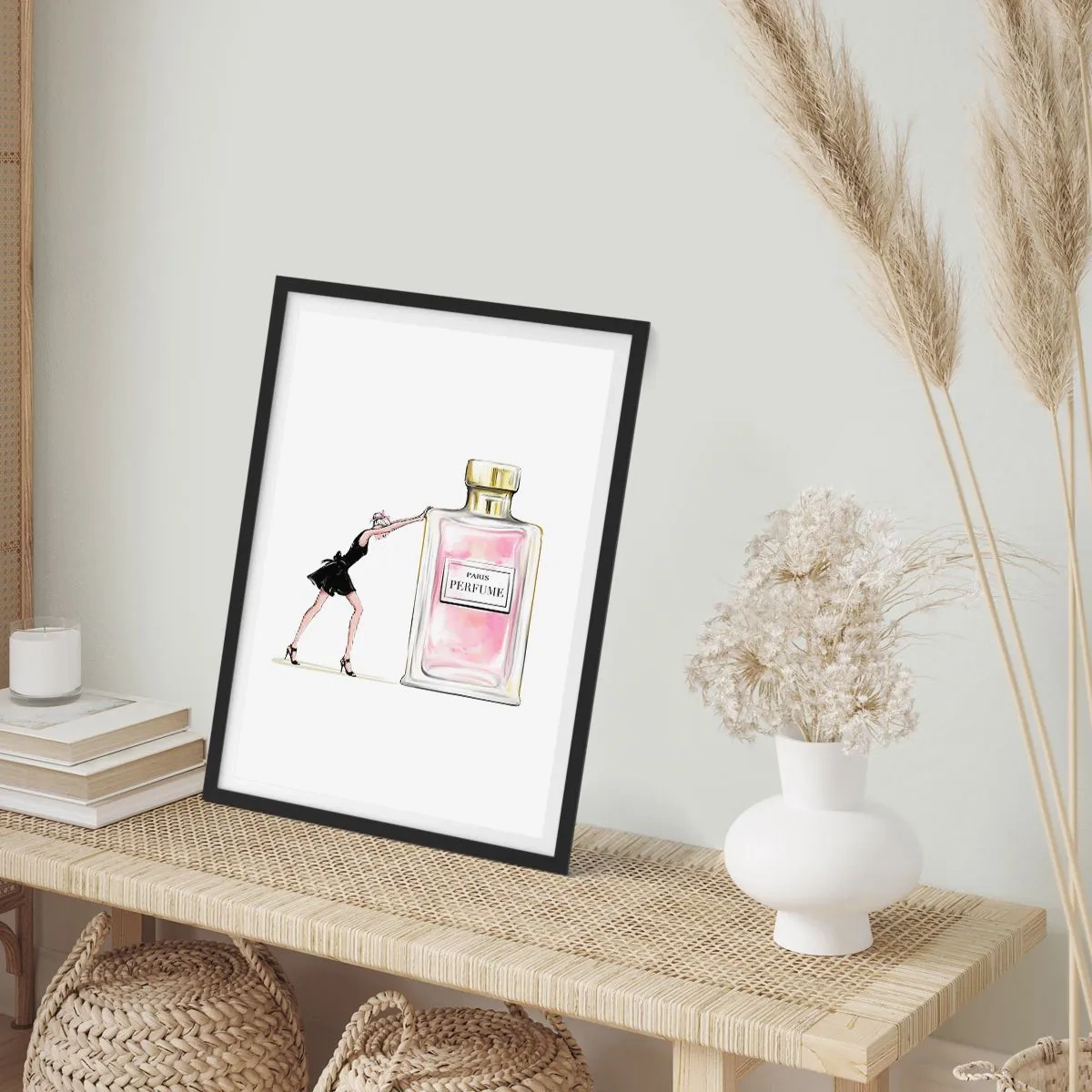 Poster in einem schwarzem Rahmen - Illustration eines Parfümflakons mit der Silhouette einer Frau in einem Kleid - 50x70cm - Essenz der Weiblichkeit - Moderne Wanddekoration für Wohnzimmer und Schlafzimmer ARTTOR