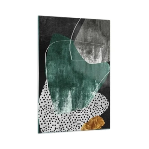Glasbild - Bild auf glas - Abstrakte Komposition mit grünen Formen und Punktmustern - 70x100cm - Bunte Abstraktion mit Blattgold - Moderne Wanddekoration für Wohnzimmer und Schlafzimmer ARTTOR