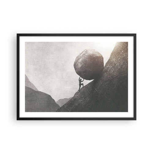Poster in einem schwarzem Rahmen - Ein Mann klettert einen riesigen Felsbrocken einen Hügel hinauf - 70x50cm - Ich glaube wider alle Hoffnung - Moderne Wanddekoration für Wohnzimmer und Schlafzimmer ARTTOR