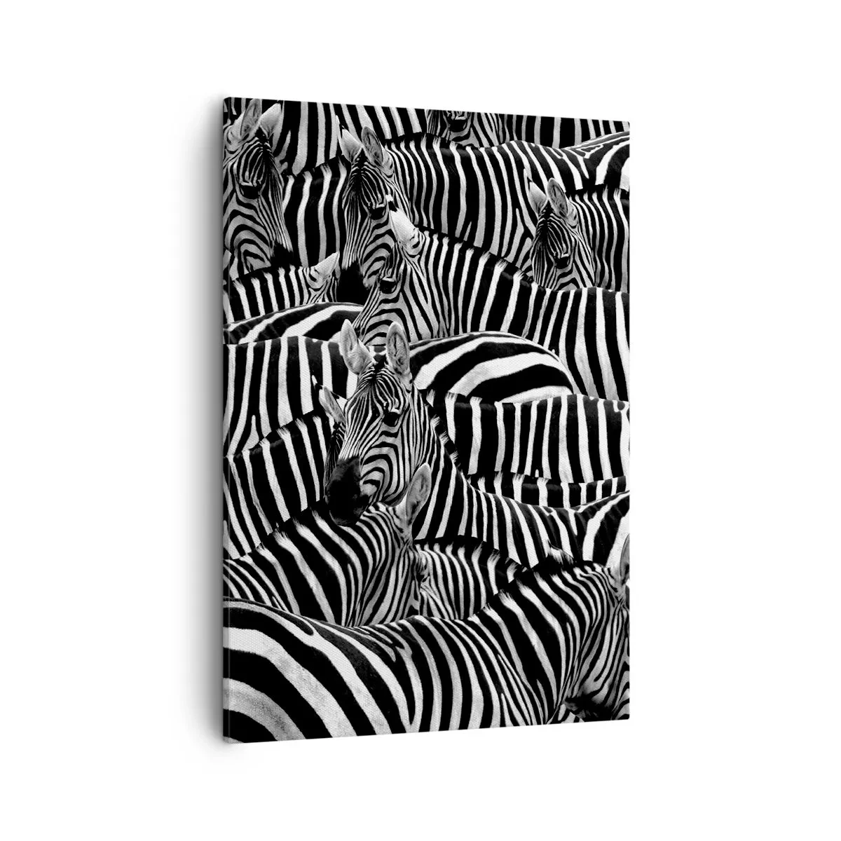 Bild auf Leinwand - Leinwandbild - Eine Gruppe Zebras mit schwarzen und weißen Streifen, die ein symmetrisches Muster bilden. - 50x70cm - Gestreiftes Gruppenportrait - Moderne Wanddekoration für Wohnzimmer und Schlafzimmer ARTTOR