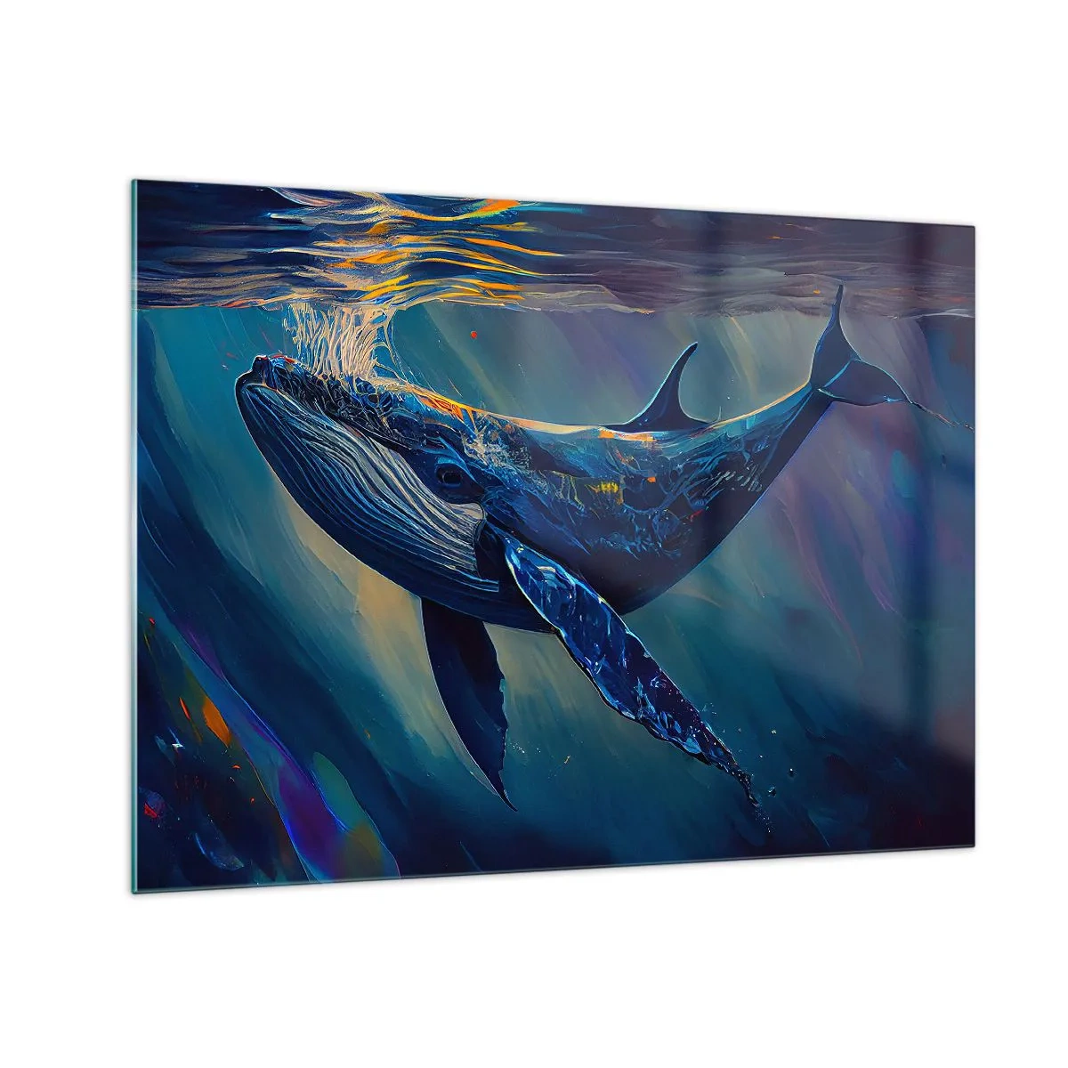 Glasbild - Bild auf glas - Ein Wal, der im Sonnenlicht unter Wasser schwimmt - 70x50cm - Willkommen in meiner Welt - Moderne Wanddekoration für Wohnzimmer und Schlafzimmer ARTTOR