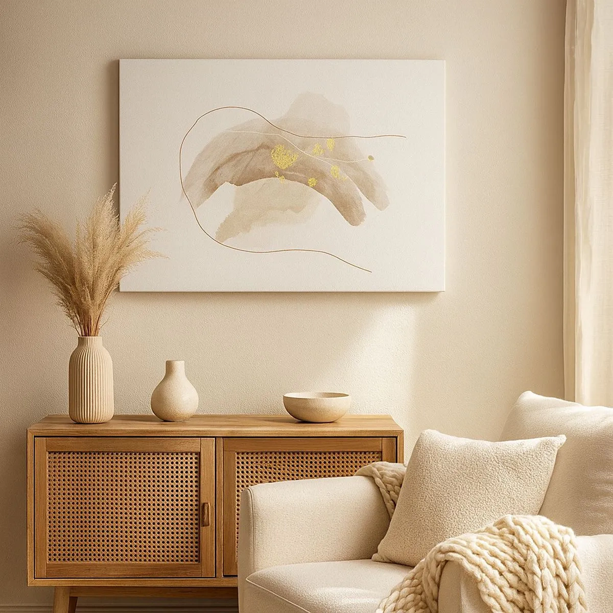 Bild auf Leinwand - Leinwandbild - Eine abstrakte Komposition in Beige- und Goldtönen. - 70x50cm - Im Weltraum begegnet - Moderne Wanddekoration für Wohnzimmer und Schlafzimmer ARTTOR