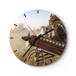Wanduhr - Glasuhr - Ein Junge im Pilotenkostüm in einem Holzflugzeug - 30x30cm - Start in Richtung eines Traums - Moderne Wanddekoration für Wohnzimmer, Küche und Schlafzimmer ARTTOR