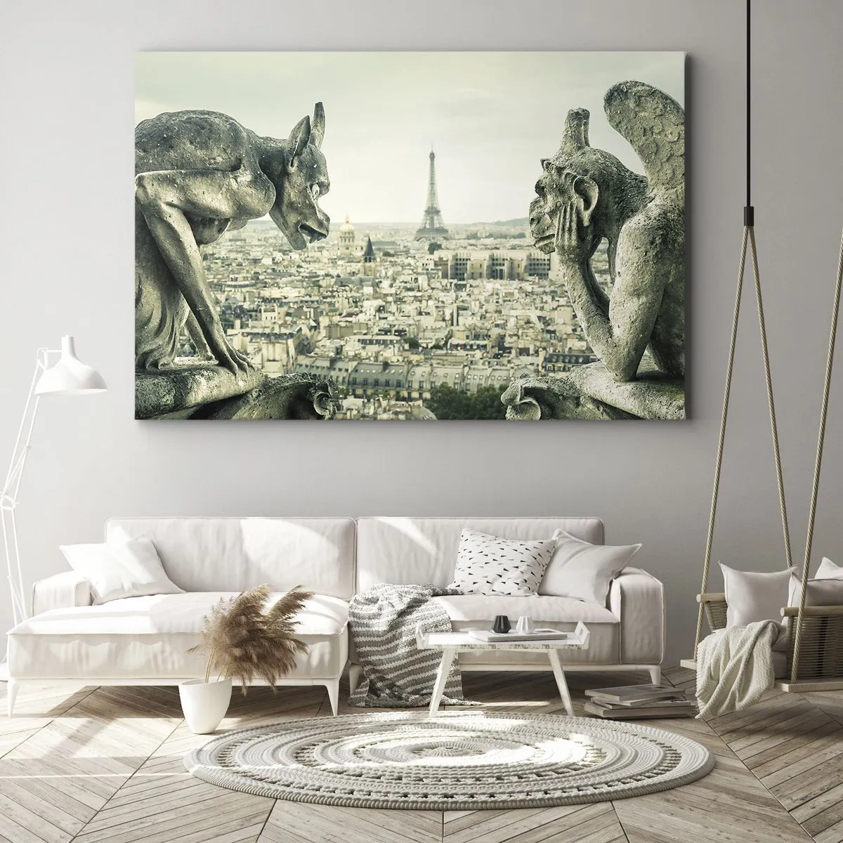 Bild auf Leinwand - Leinwandbild - Wasserspeier mit Blick auf die Skyline von Paris und den Eiffelturm - 70x50cm - Pariser Plaudern - Moderne Wanddekoration für Wohnzimmer und Schlafzimmer ARTTOR
