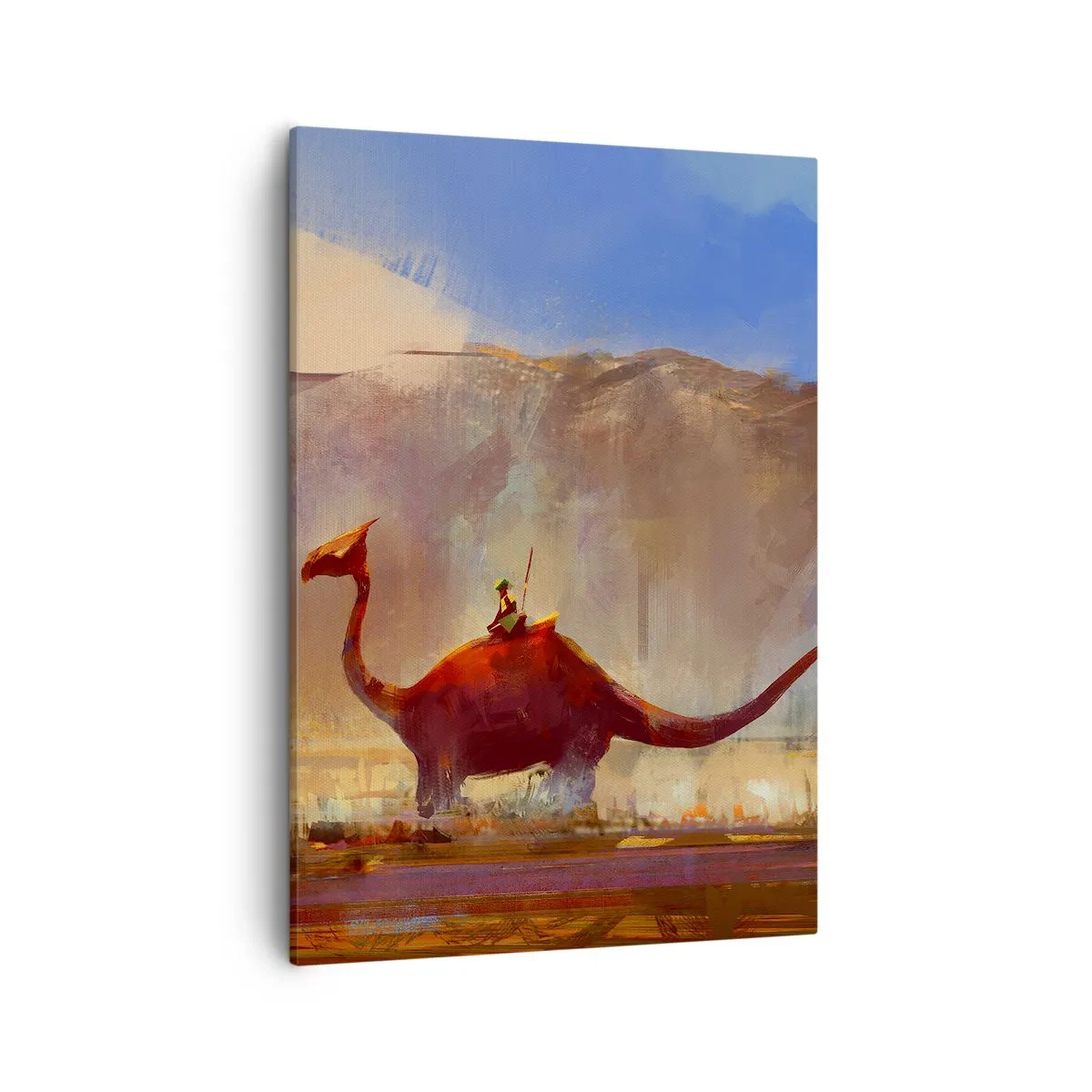 Bild auf Leinwand - Leinwandbild - Eine Fantasy-Szene mit einem Reiter auf einem prähistorischen Wesen - 50x70cm - Wenn sie nicht ausgestorben wären - Moderne Wanddekoration für Wohnzimmer und Schlafzimmer ARTTOR