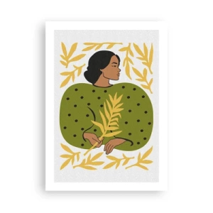 Poster - Porträt einer Frau in einem grünen Kleid mit einem gelben Blatt, mit einem zarten Muster - 50x70cm - Hawaiianisches Mädchen - Moderne Wanddekoration für Wohnzimmer und Schlafzimmer ARTTOR