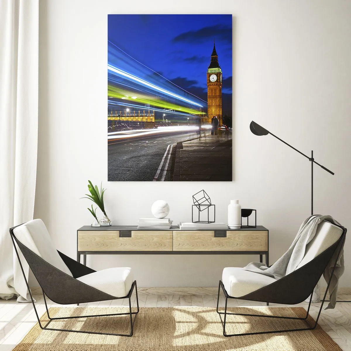 Glasbild - Bild auf glas - Big Ben bei Nacht mit verschwommenen Autolichtern - 50x70cm - Unter den wachsamen Augen von Big Ben - Moderne Wanddekoration für Wohnzimmer und Schlafzimmer ARTTOR