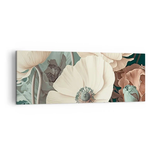 Bild auf Leinwand - Leinwandbild - Elegante Blumen in Pastelltönen auf grünem Hintergrund - 140x50cm - Flüstern von Mohnblumen - Moderne Wanddekoration für Wohnzimmer und Schlafzimmer ARTTOR