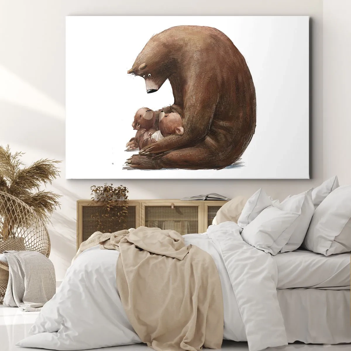 Bild auf Leinwand - Leinwandbild - Eine Bärenmutter mit zwei kleinen Bären im Arm - 70x50cm - Süße Träume, Kinder - Moderne Wanddekoration für Wohnzimmer und Schlafzimmer ARTTOR