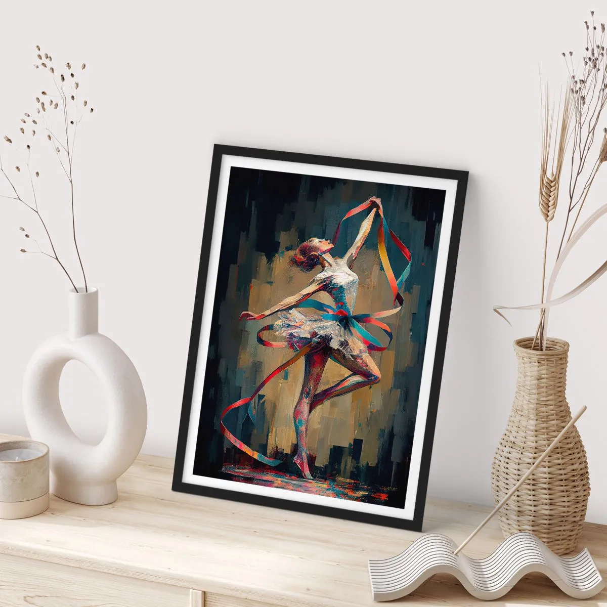 Poster in einem schwarzem Rahmen - Eine Tänzerin in dynamischer Pose mit bunten Bändern. - 50x70cm - Bandtanz - Moderne Wanddekoration für Wohnzimmer und Schlafzimmer ARTTOR