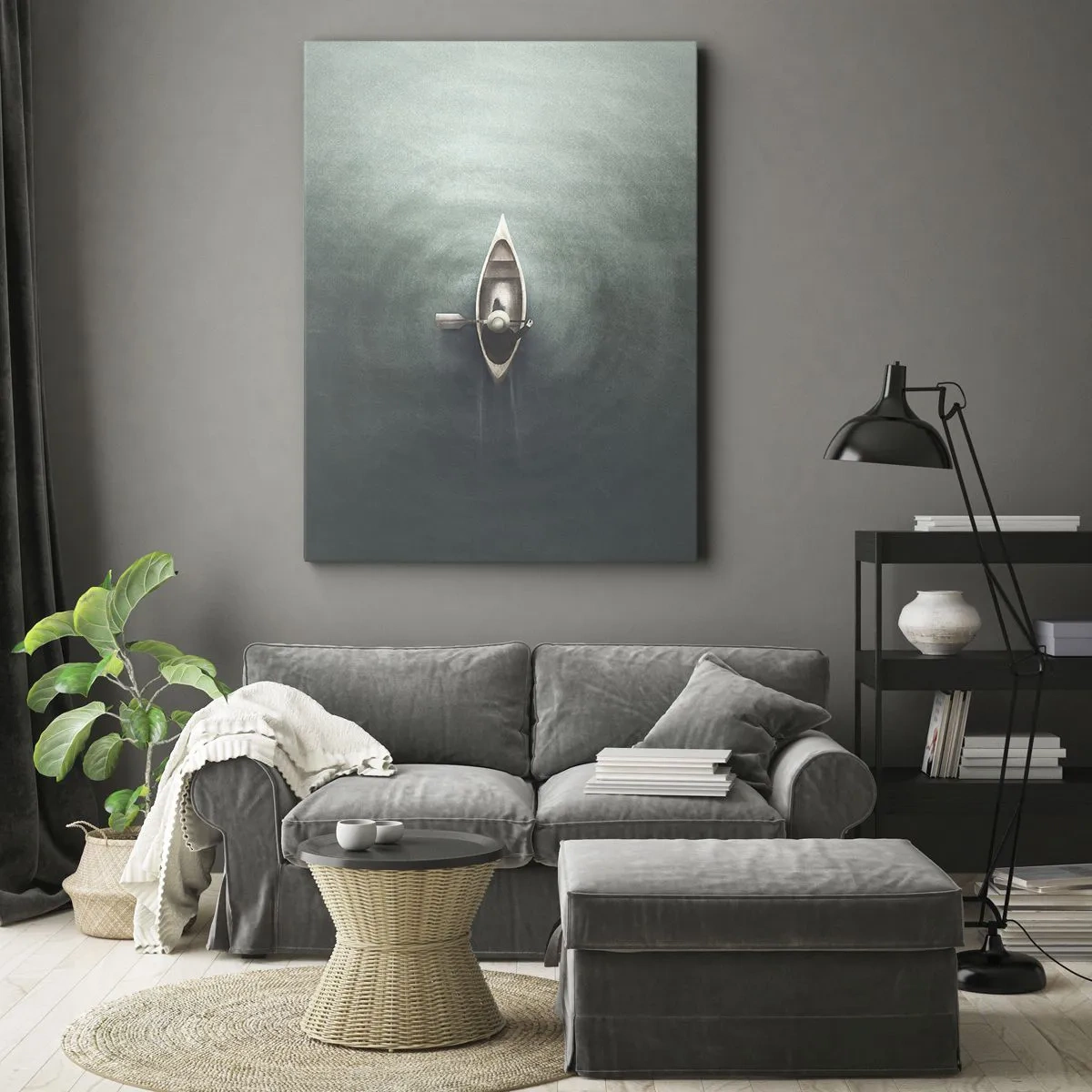 Bild auf Leinwand - Leinwandbild - Ein einsames Boot auf ruhigem Wasser in minimalistischer Umgebung - 50x70cm - Durch den Mondsee - Moderne Wanddekoration für Wohnzimmer und Schlafzimmer ARTTOR
