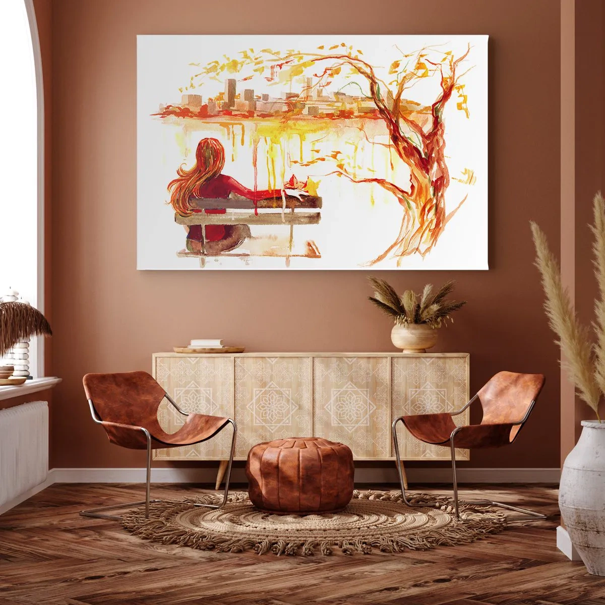 Bild auf Leinwand - Leinwandbild - Aquarellszene einer Frau auf einer Bank mit Blick auf die Stadt - 100x70cm - Ein Moment der Besinnung - Moderne Wanddekoration für Wohnzimmer und Schlafzimmer ARTTOR