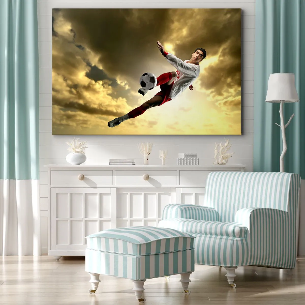 Bild auf Leinwand - Leinwandbild - Ein Fußballspieler in einem dynamischen Sprung kickt den Ball in den Himmel - 100x70cm - Fußballhimmel - Moderne Wanddekoration für Wohnzimmer und Schlafzimmer ARTTOR