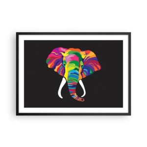 Poster in einem schwarzem Rahmen - Ein buntes Bild eines Elefanten auf schwarzem Hintergrund - 70x50cm - Der Elefant, der es liebte, im Regenbogen zu baden - Moderne Wanddekoration für Wohnzimmer und Schlafzimmer ARTTOR