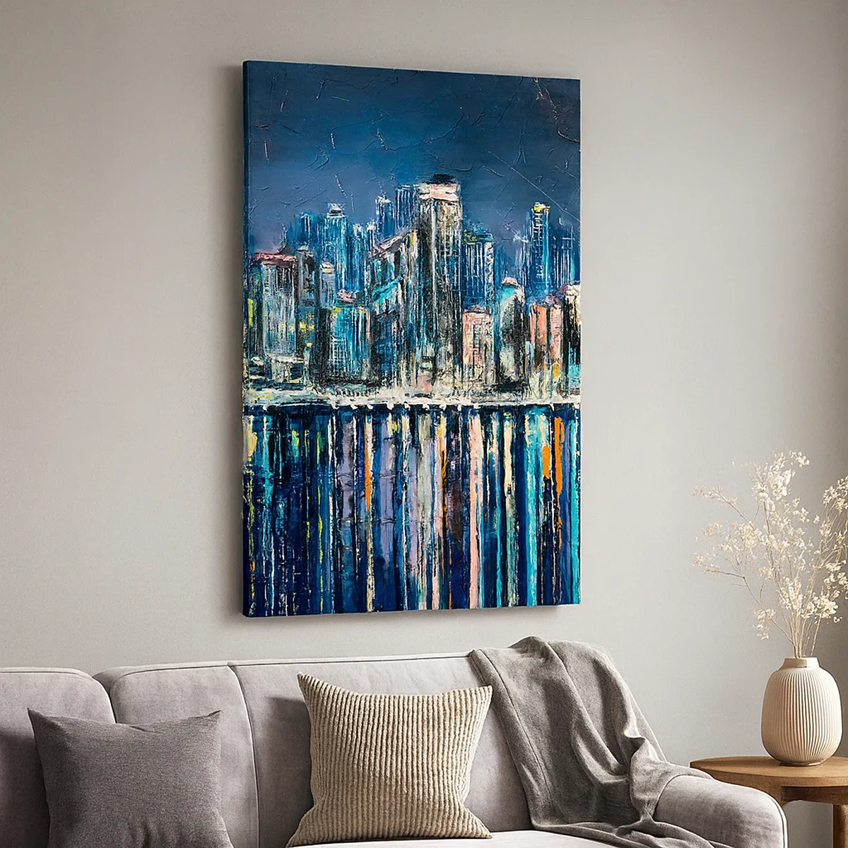 Bild auf Leinwand - Leinwandbild - Panorama der nächtlichen Stadt, die sich im Wasser spiegelt - 50x70cm - Kaskade von Lichtern - Moderne Wanddekoration für Wohnzimmer und Schlafzimmer ARTTOR
