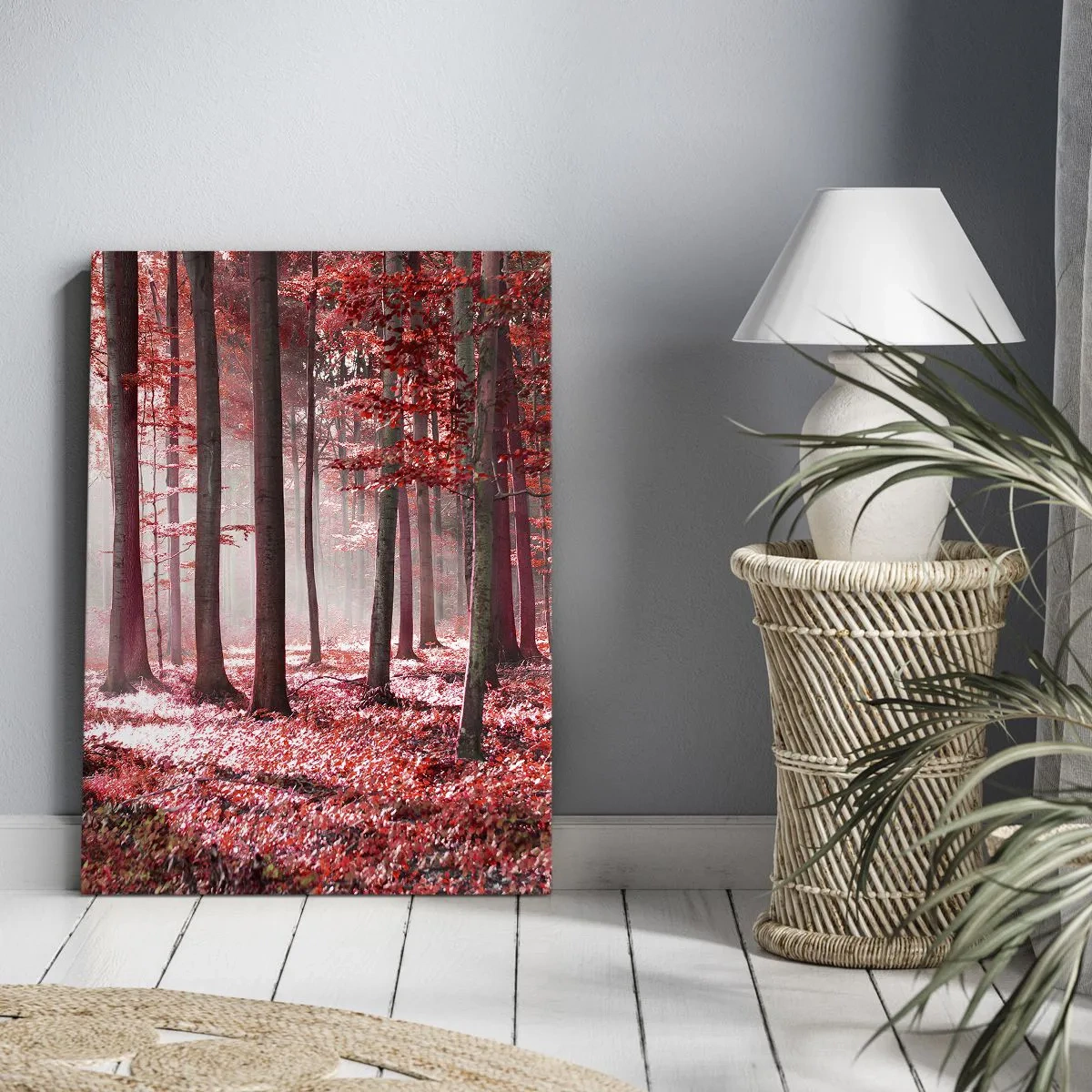 Bild auf Leinwand - Leinwandbild - Ein atemberaubender Wald in roten Farbtönen mit Lichtstrahlen, die durch die Bäume dringen - 50x70cm - Rot ist genauso schön - Moderne Wanddekoration für Wohnzimmer und Schlafzimmer ARTTOR
