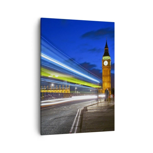 Bild auf Leinwand - Leinwandbild - Big Ben bei Nacht mit der Wirkung von Lichtern im Straßenverkehr - 50x70cm - Unter den wachsamen Augen von Big Ben - Moderne Wanddekoration für Wohnzimmer und Schlafzimmer ARTTOR