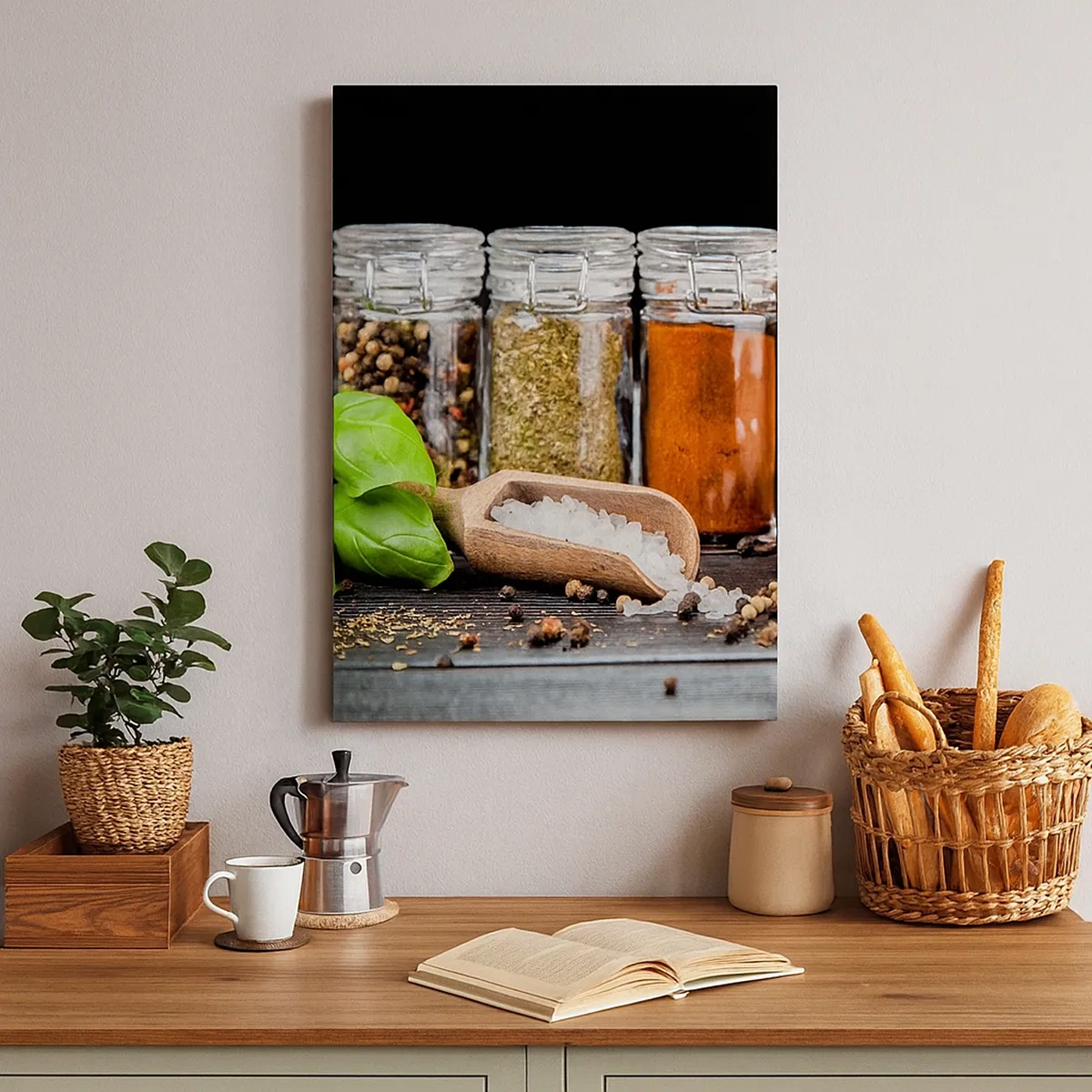 Bild auf Leinwand - Leinwandbild - Kräuter und Gewürze in Gläsern auf dunklem Hintergrund - 50x70cm - Für einen Geschmack des Lebens - Moderne Wanddekoration für Wohnzimmer und Schlafzimmer ARTTOR