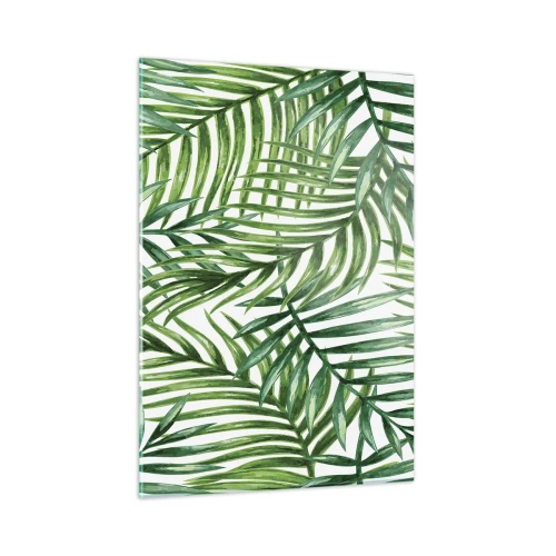 Glasbild - Bild auf glas - Grüne Palmblätter auf weißem Hintergrund erzeugen ein geometrisches Muster - 50x70cm - Unter dem grünen Baldachin - Moderne Wanddekoration für Wohnzimmer und Schlafzimmer ARTTOR