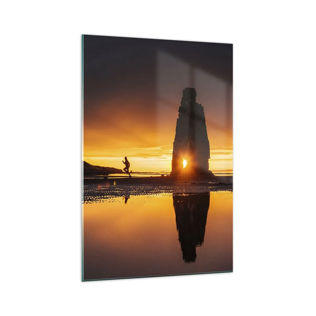 Glasbild - Bild auf glas - Person läuft bei Sonnenuntergang am Strand mit Felsformation - 70x100cm - Nur du und die Natur - Moderne Wanddekoration für Wohnzimmer und Schlafzimmer ARTTOR