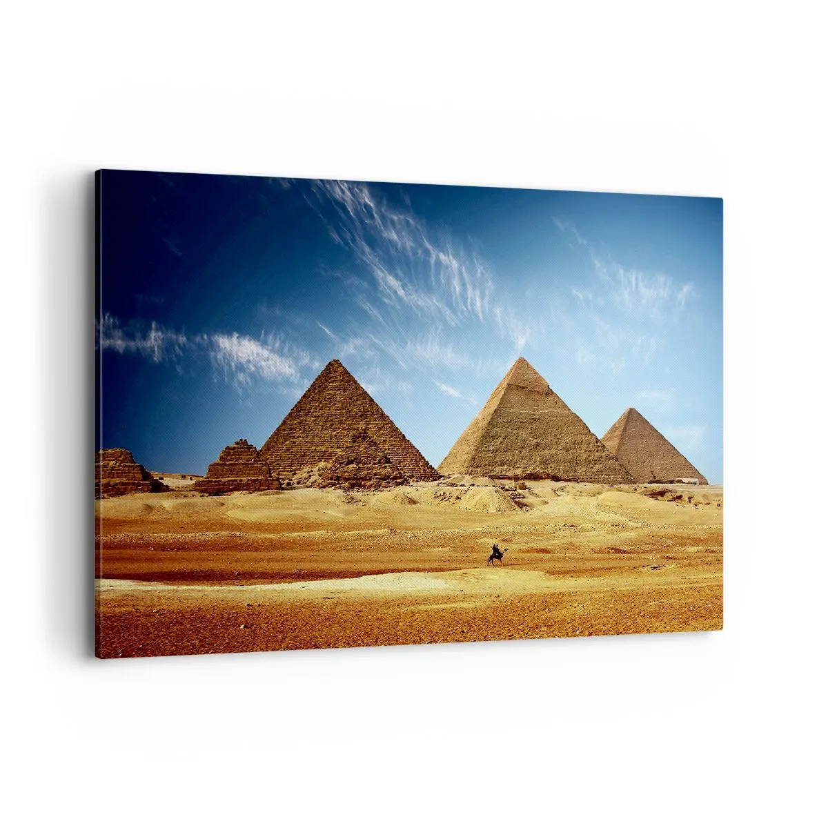 Bild auf Leinwand - Leinwandbild - Die Pyramiden von Gizeh vor blauem Himmel und Wüstenlandschaft - 120x80cm - 40 Jahrhunderte schauen dich an - Moderne Wanddekoration für Wohnzimmer und Schlafzimmer ARTTOR