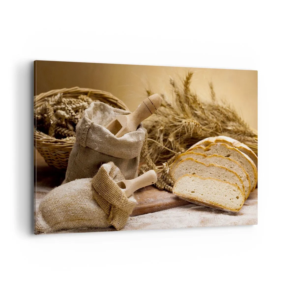 Bild auf Leinwand - Leinwandbild - Eine Landschaft mit Brot, Mehl und Ähren im rustikalen Stil. - 120x80cm - Wie mit einem Messer geschnitten - Moderne Wanddekoration für Wohnzimmer und Schlafzimmer ARTTOR
