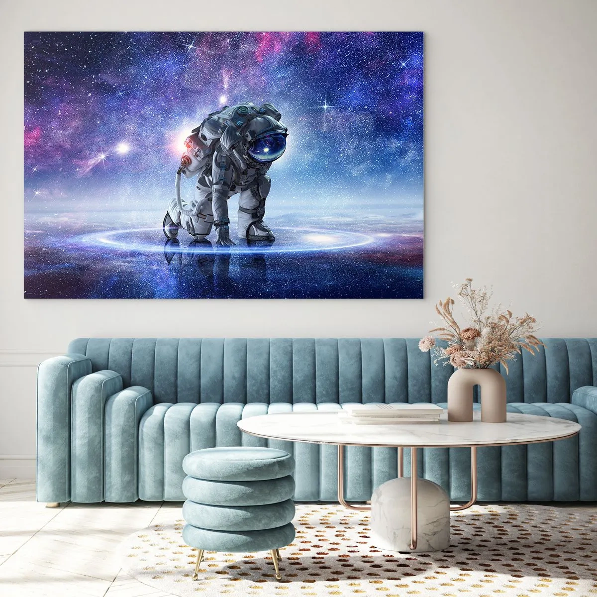 Glasbild - Bild auf glas - Astronaut im Weltraum vor dem Sternenhimmel - 100x70cm - Der Sternenhimmel über mir - Moderne Wanddekoration für Wohnzimmer und Schlafzimmer ARTTOR