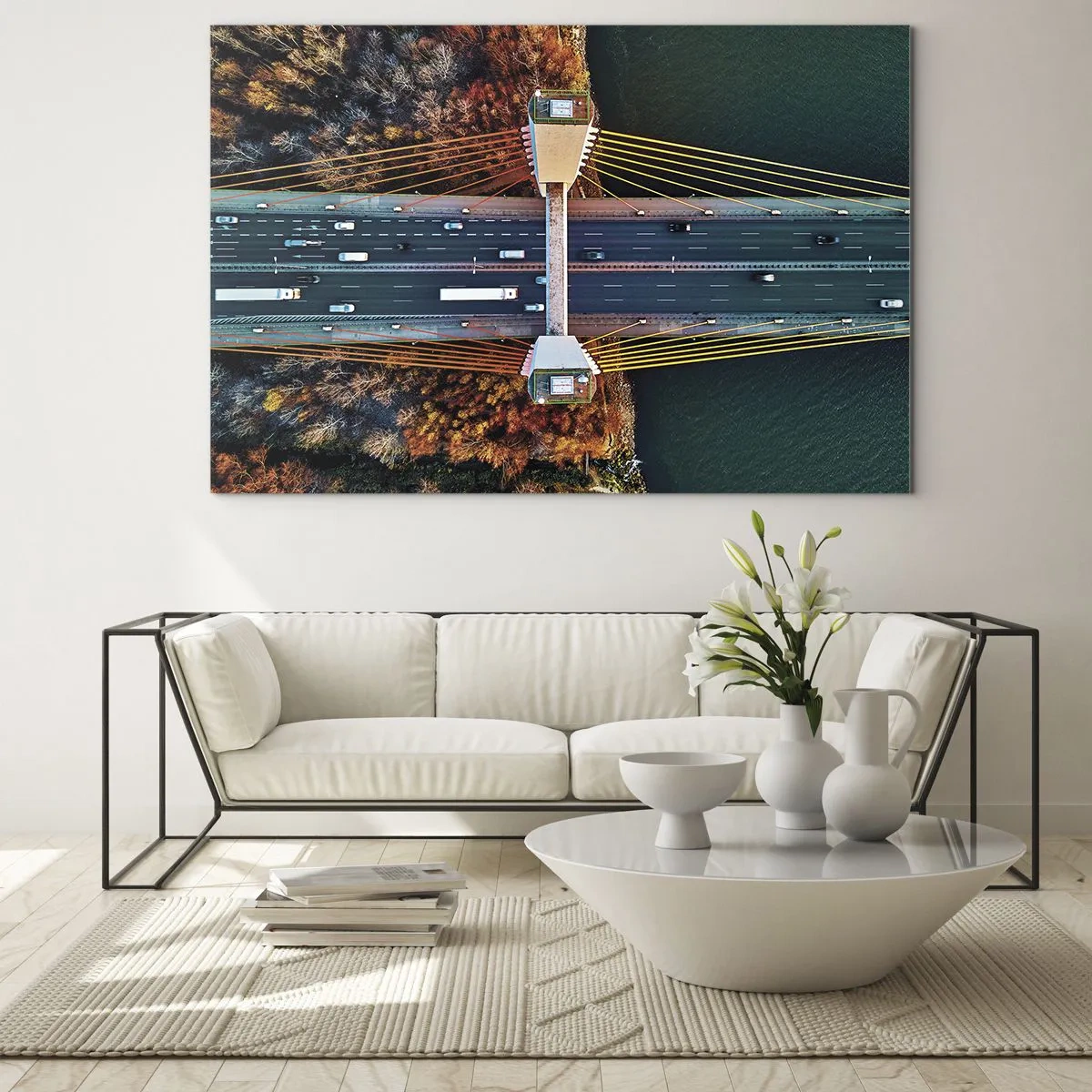 Glasbild - Bild auf glas - Luftaufnahme der Brücke mit symmetrischer Anordnung von Kabeln und Wagen - 70x50cm - Jenseits der Gewässer, jenseits der Wälder - Moderne Wanddekoration für Wohnzimmer und Schlafzimmer ARTTOR