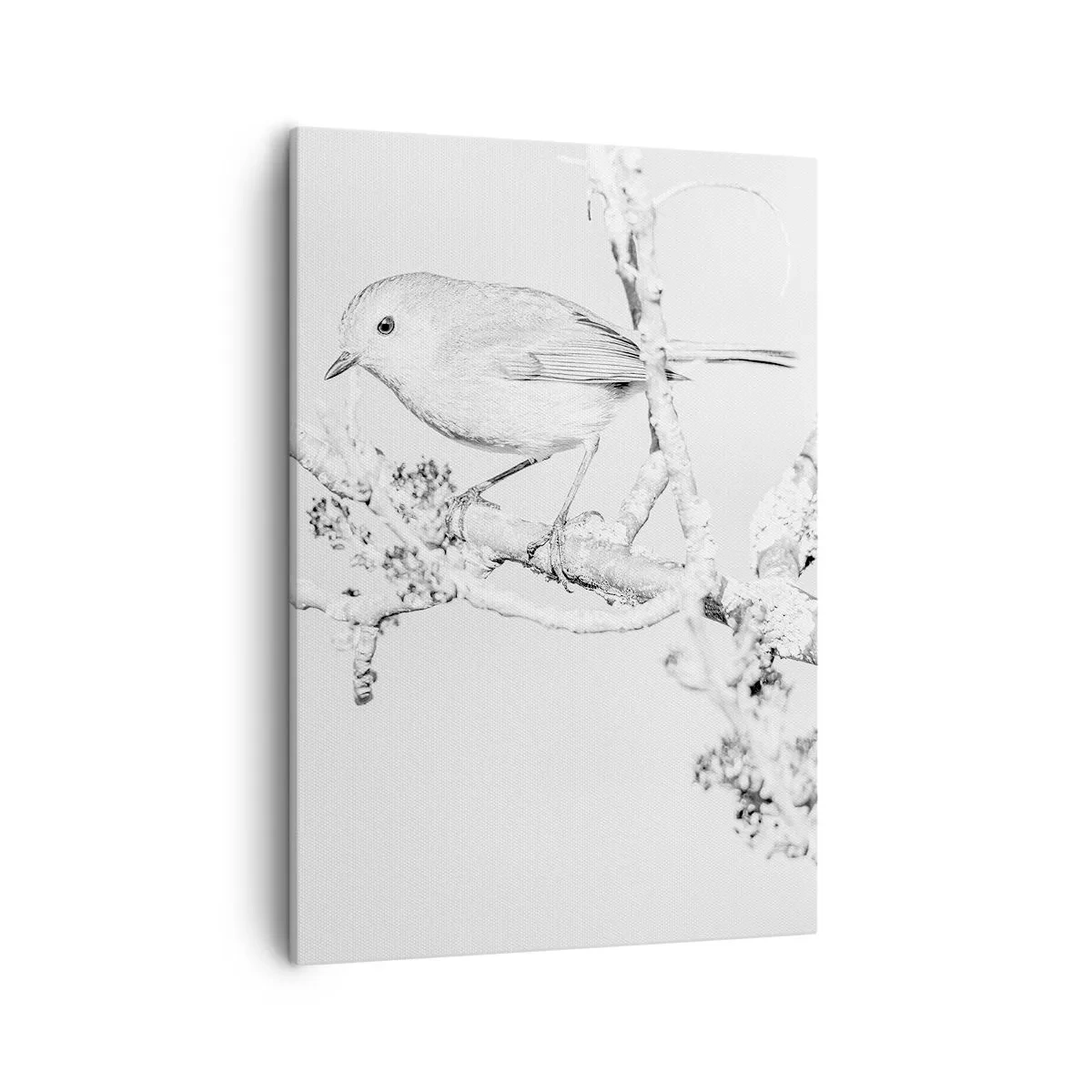 Bild auf Leinwand - Leinwandbild - Vogel auf einem Ast in Schwarz-Weiß im minimalistischen Stil - 50x70cm - Wintermorgen - Moderne Wanddekoration für Wohnzimmer und Schlafzimmer ARTTOR