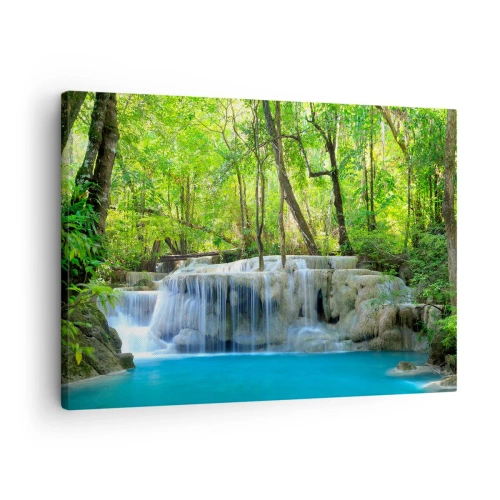 Bild auf Leinwand - Leinwandbild - Ein Wasserfall zwischen grünen Bäumen mit blauem Wasser in einer natürlichen Umgebung - 70x50cm - In Türkis und Grün ertrinken - Moderne Wanddekoration für Wohnzimmer und Schlafzimmer ARTTOR