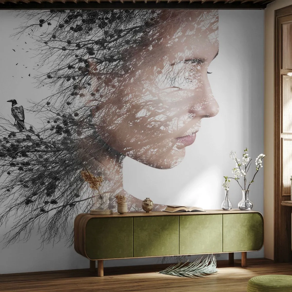Fototapete Premium Sand - Der Geist des Waldes - Abstraktion, Das Gesicht einer Frau, Baum - 300x210 cm