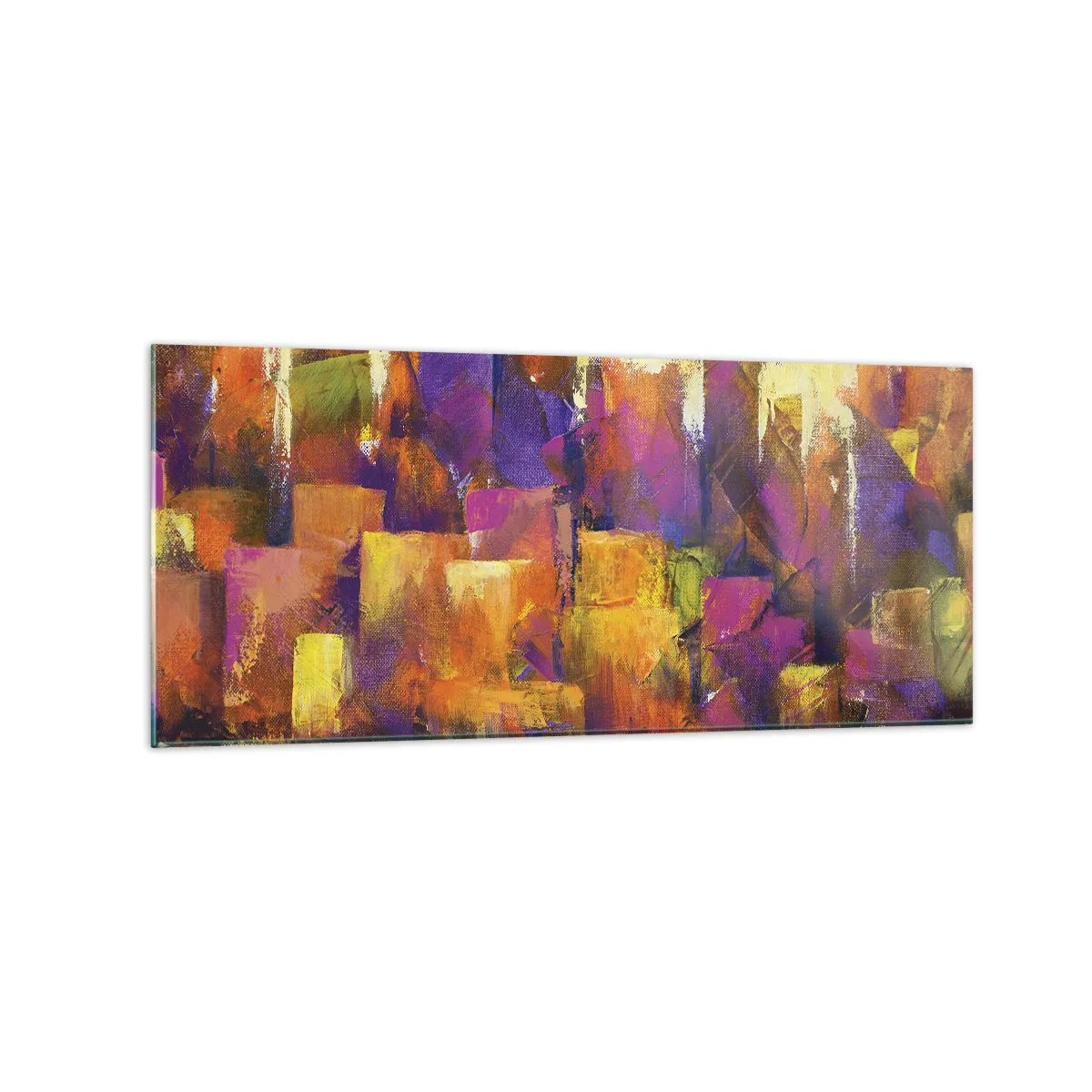 Glasbild - Bild auf glas - Abstrakte Komposition einer Metropole in Gelb- und Lilatönen - 120x50cm - Metropolitische Komposition - Moderne Wanddekoration für Wohnzimmer und Schlafzimmer ARTTOR