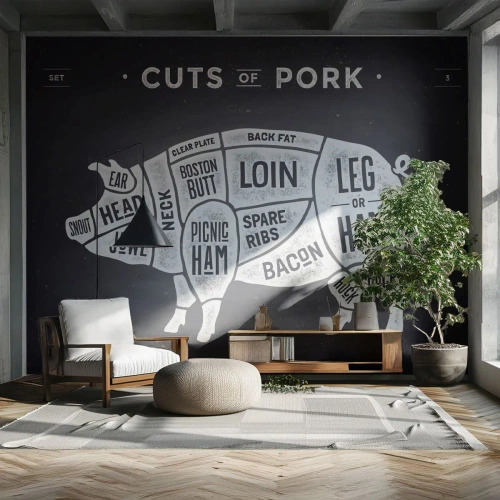 Fototapete Premium Canvas - Metzger Grundierung - Gastronomie, Tier Schwein, Schweinefleisch - 200x140 cm