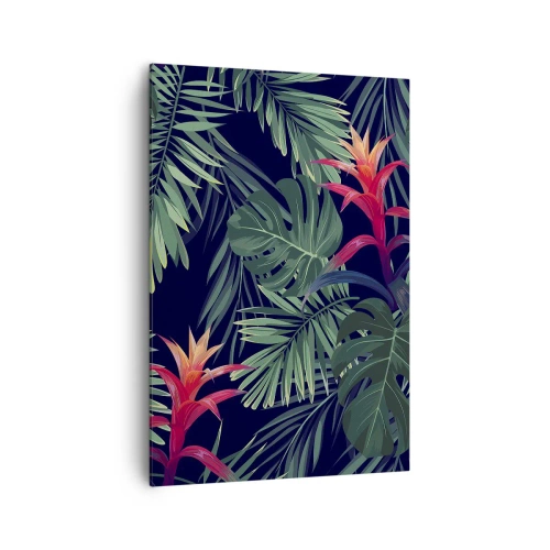 Bild auf Leinwand - Leinwandbild - Tropische Blätter und Blüten auf dunklem Hintergrund - 70x100cm - Im Grünen in Flammen gehen - Moderne Wanddekoration für Wohnzimmer und Schlafzimmer ARTTOR