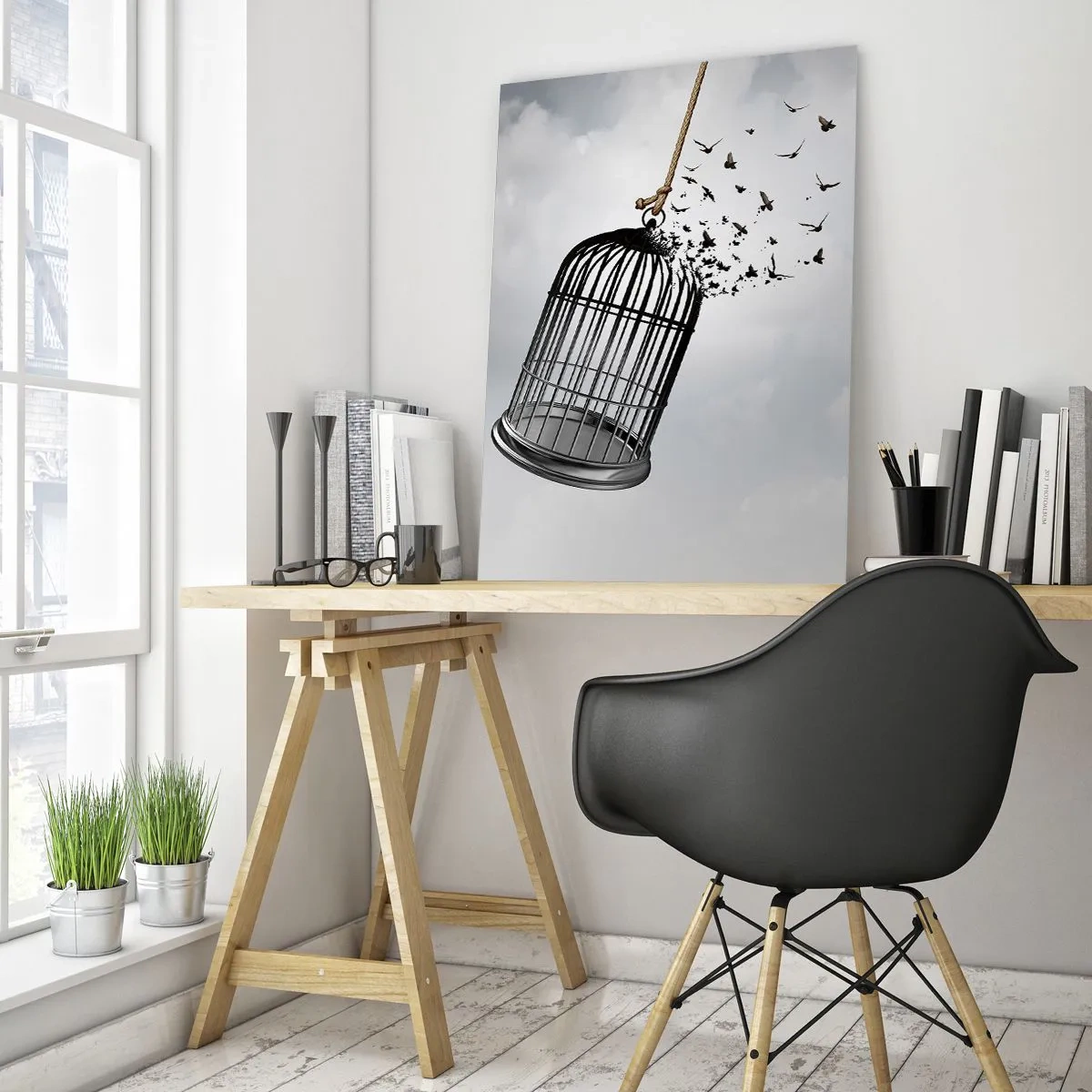 Glasbild - Bild auf glas - Die Öffnung des Käfigs und die Vögel, die aus ihm herausfliegen, gegen den Himmel - 50x70cm - Glaube ... Hoffnung ... Freiheit! - Moderne Wanddekoration für Wohnzimmer und Schlafzimmer ARTTOR