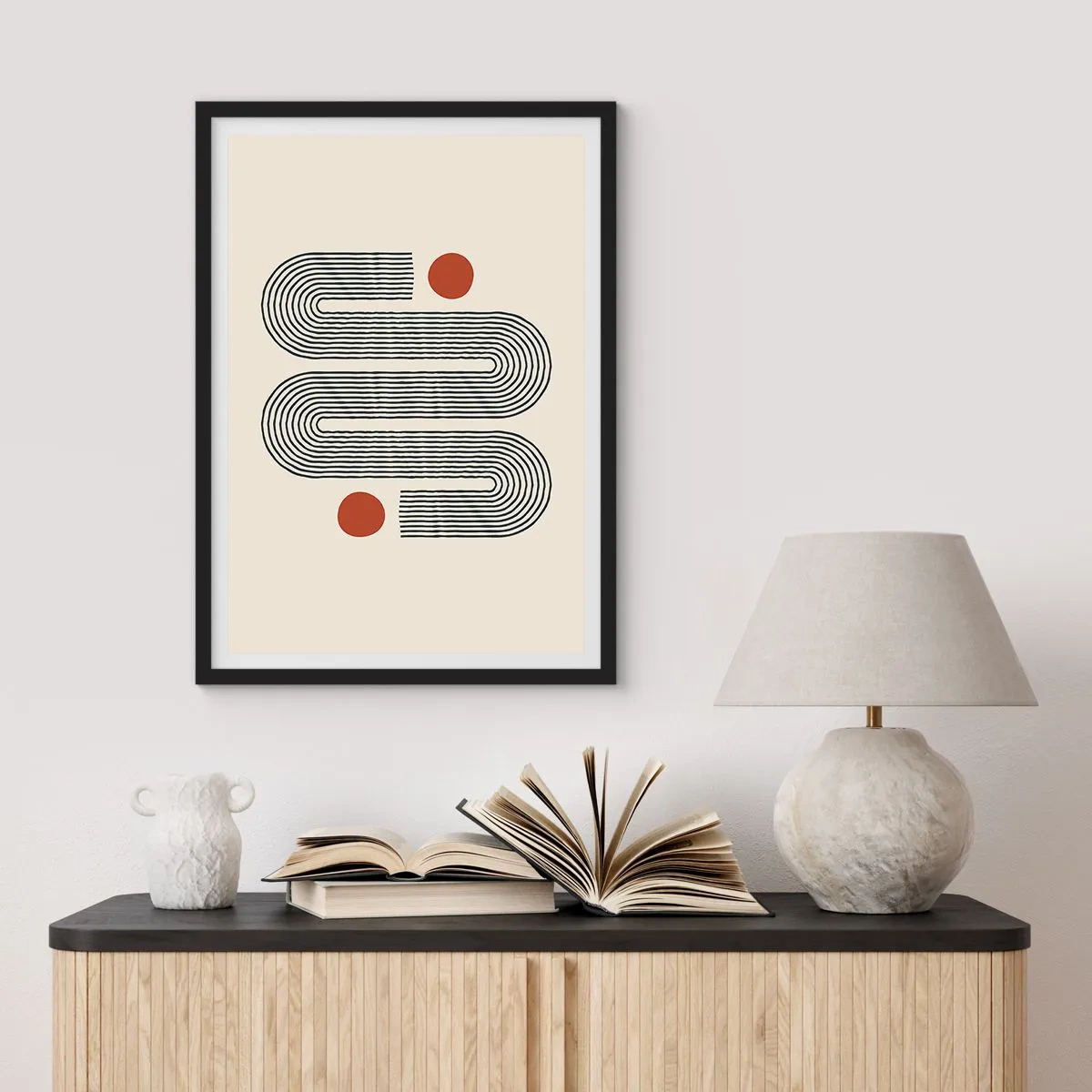 Poster in einem schwarzem Rahmen - Geometrisches Muster mit Linien und roten Kreisen - 50x70cm - Vom Anfang bis zum Ende - Moderne Wanddekoration für Wohnzimmer und Schlafzimmer ARTTOR