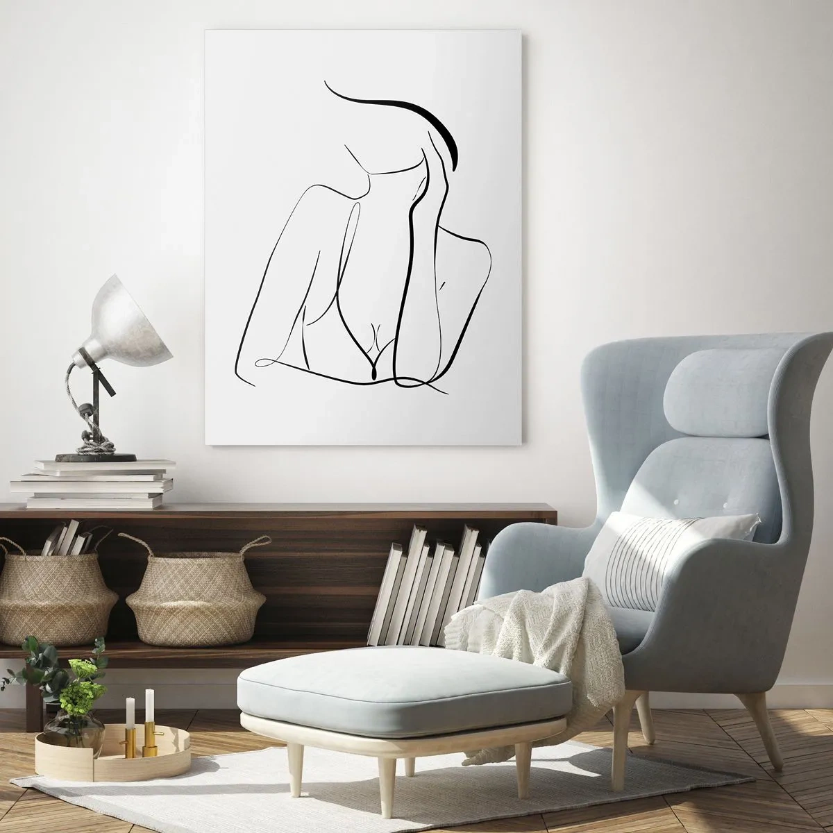 Glasbild - Bild auf glas - Eine einfache Linie, die den Umriss des Körpers in Schwarz- und Weißtönen zeigt - 50x70cm - Auf der Traumwelle - Moderne Wanddekoration für Wohnzimmer und Schlafzimmer ARTTOR
