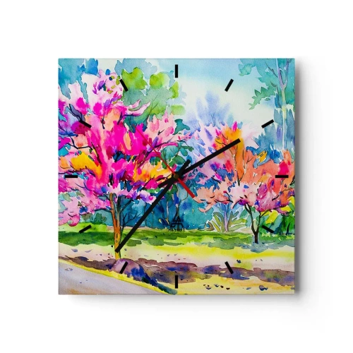 Wanduhr - Glasuhr - Bunte Bäume in einem Park im Aquarellstil - 30x30cm - Regenbogengarten im Frühlingslicht - Moderne Wanddekoration für Wohnzimmer und Schlafzimmer ARTTOR