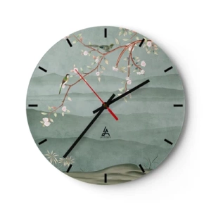 Wanduhr - Glasuhr - Ein Zweig mit Blumen und Vögeln vor dem Hintergrund grüner Hügel - 30x30cm - Frühling, oh, du bist es - Moderne Wanddekoration für Wohnzimmer, Küche und Schlafzimmer ARTTOR